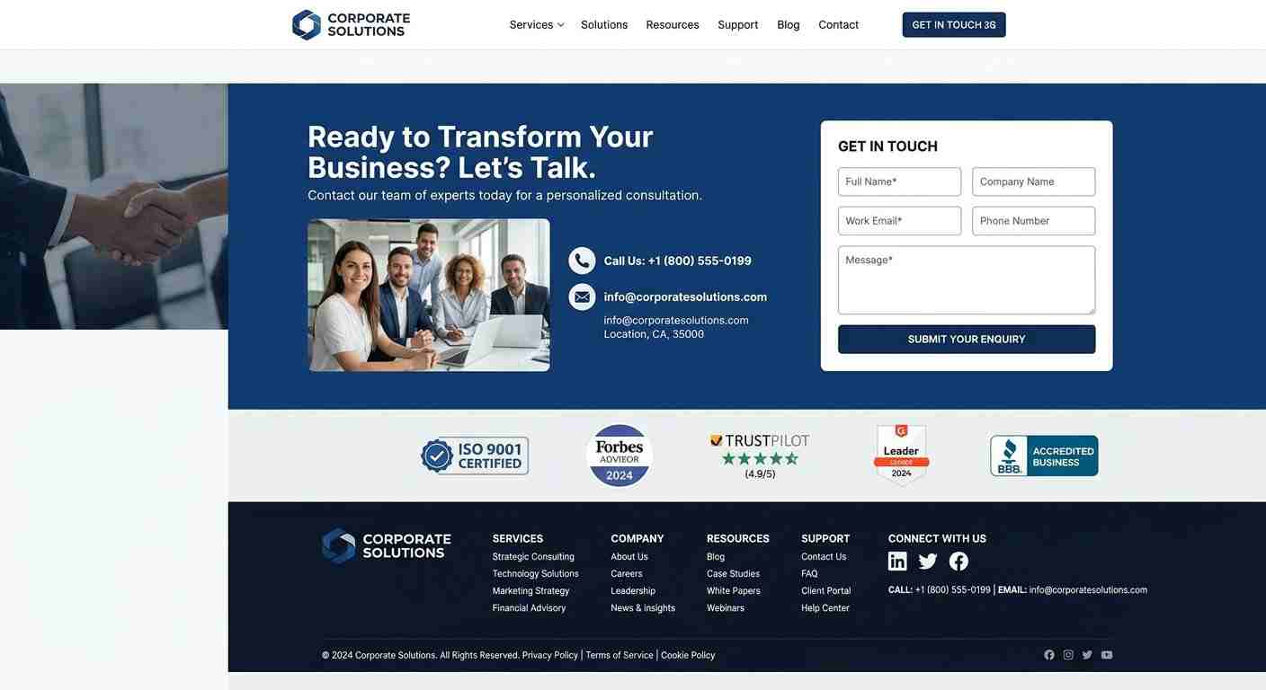فرم تماس و CTA در وب‌سایت رسمی شرکت برای افزایش تبدیل